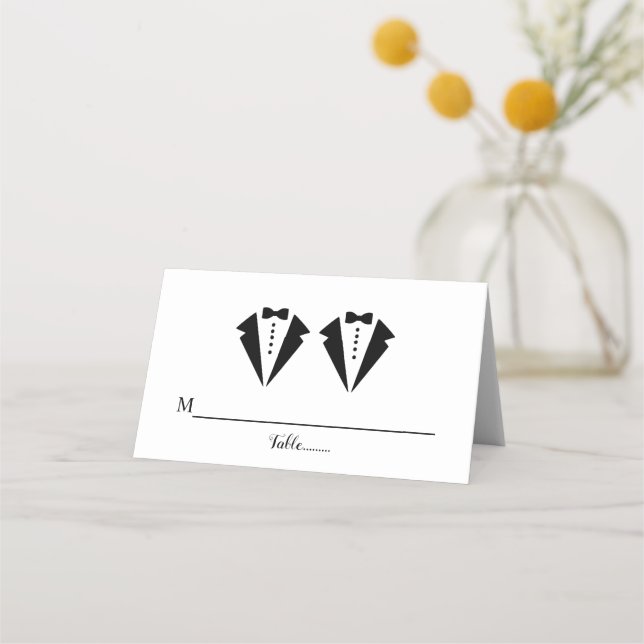 Black and white tuxedo two grooms gay wedding place card (Front)