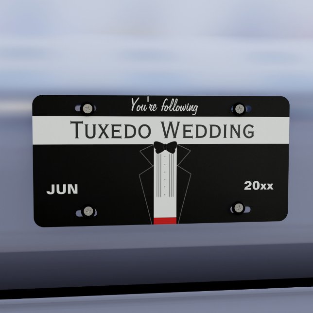 Black and White Tuxedo Wedding Car License Plate (A fun tuxedo themed wedding card license plate where you can add your names and wedding date)