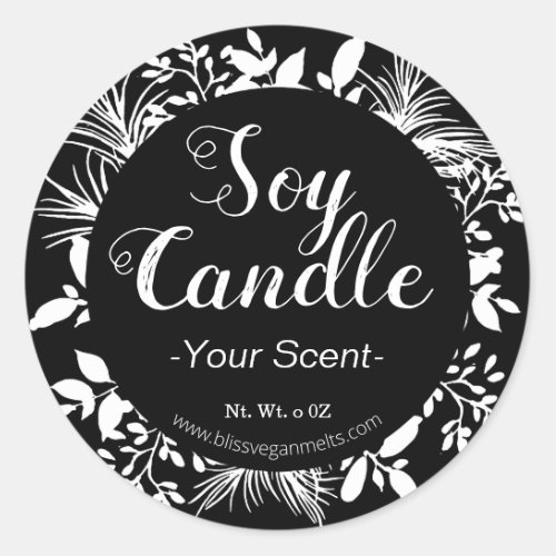 Black And White Twigs And Leaves Soy Candle Classic Round Sticker