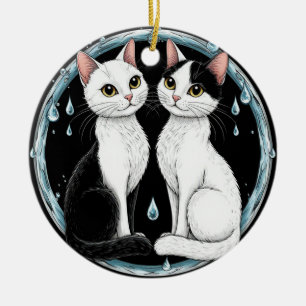 Black and White Twin Cats Sitting Together Ceramic Ornament