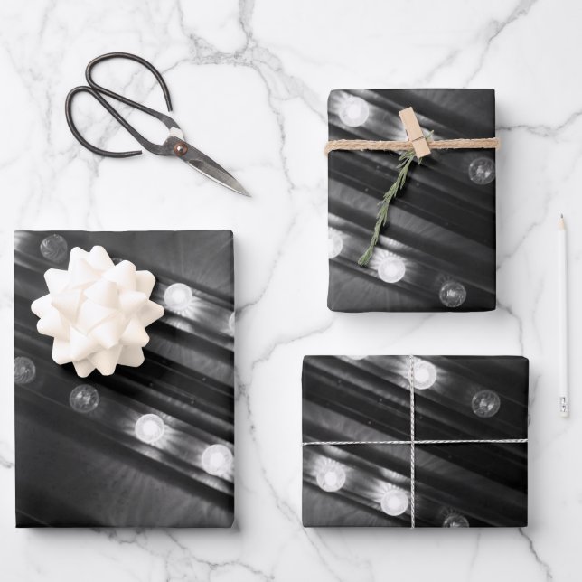 Black and White Twinkle Lights Wrapping Paper Sheets (Front)