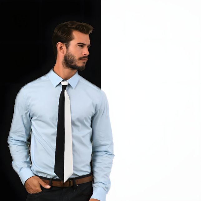 Black and White Two Color Tie (Man wears a Black and White Two Color Tie that is split down the center, white one side black other.)