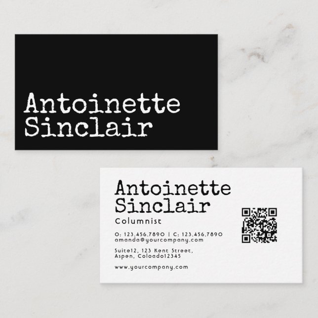 Black and White Typewriter Typography QR Code Business Card (Front/Back)