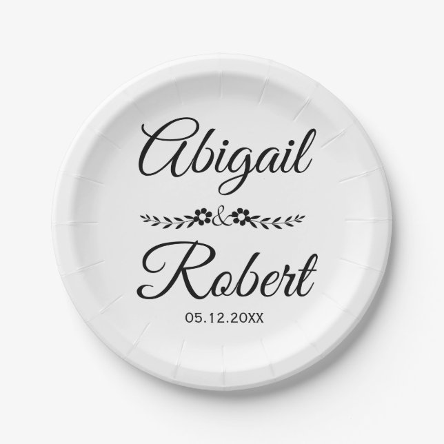 Black and white typography and flowers wedding paper plates (Front)