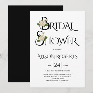 Black and white typography and rose bridal shower invitation