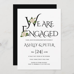 Black and white typography, rose engagement party invitation
