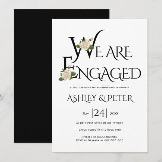 Black and white typography, rose engagement party invitation