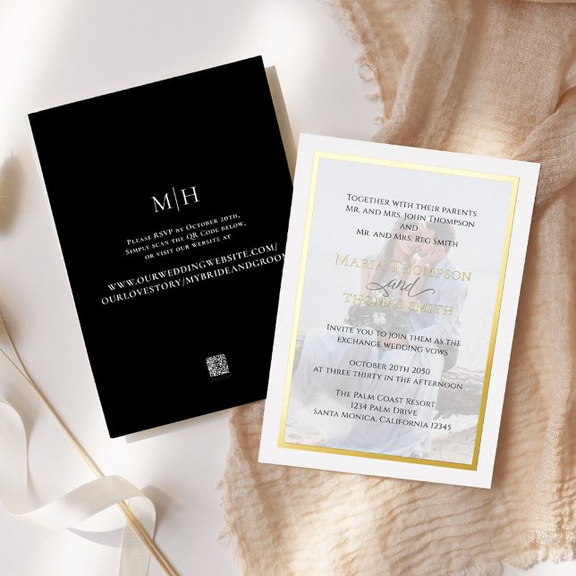 Black and White Typography Simple Photo Real Foil Invitation (Elegant photo overlay real gold foil wedding invitation. )