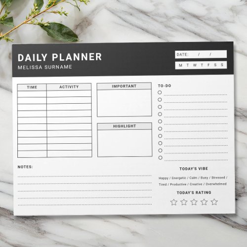 Black And White Undated Daily Planner To Do List Notepad