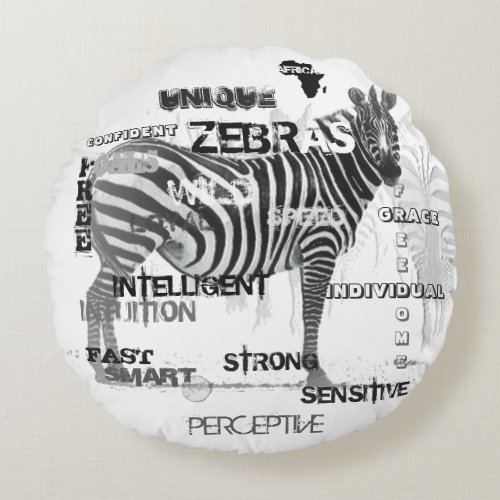 Black and White Unique Zebras Typography Round Pillow