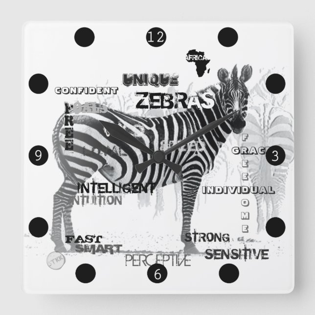 Black and White Unique Zebras Typography Square Wall Clock (Front)