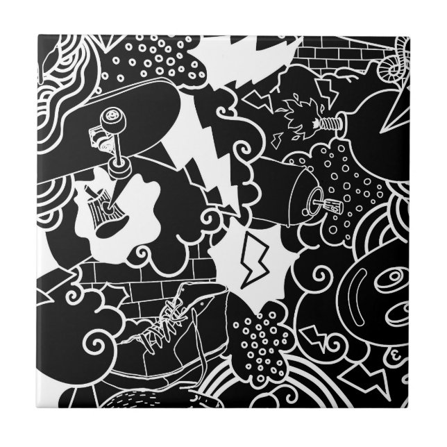 Black and White Urban Graffiti pattern Ceramic Tile (Front)