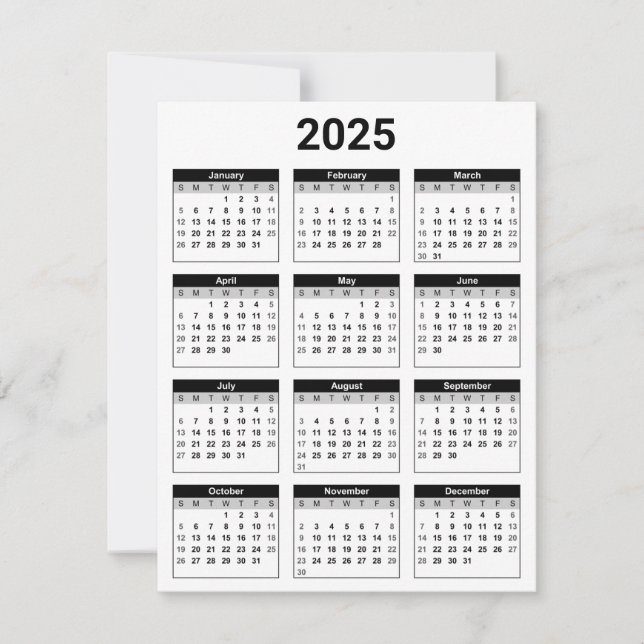 Black and White USA 2025 Yearly Calendar Flat Card (Front)