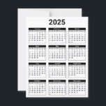 Black and White USA 2025 Yearly Calendar Flat Card<br><div class="desc">Get yourself organized with this simple easy-to-read,  black and white,  United States 2025 Year at a Glance calendar.</div>