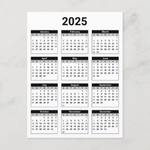 Black and White USA 2025 Yearly Calendar Postcard