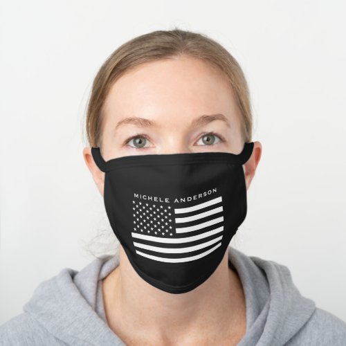 Black and White USA Flag Personalized Name Black Cotton Face Mask