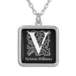 Black and White V Monogram Initial Personalized Silver Plated Necklace