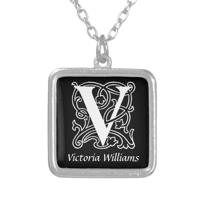 Black and White V Monogram Initial Personalized Silver Plated Necklace (Front)
