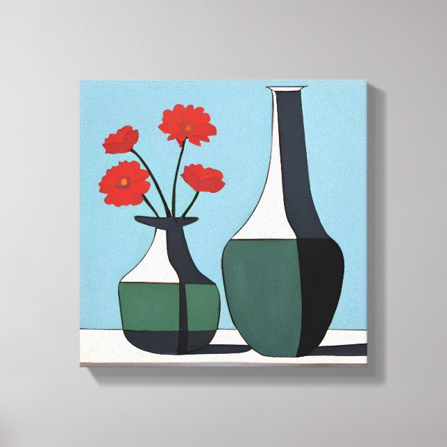 Black and White Vases with Red Flowers  Canvas Print (Front)