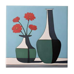Black and White Vases with Red Flowers  Ceramic Tile