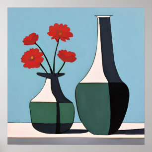 Black and White Vases with Red Flowers Poster