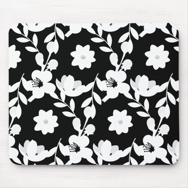 Black and white vector floral pattern mouse pad (Front)