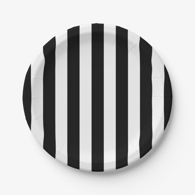 Black and White Vertical Referee Stripes Paper Plates (Front)