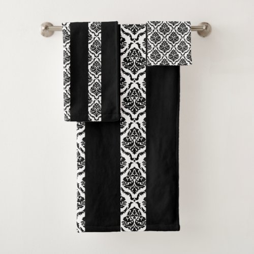Black and white vertical stripes and damask bath towel set
