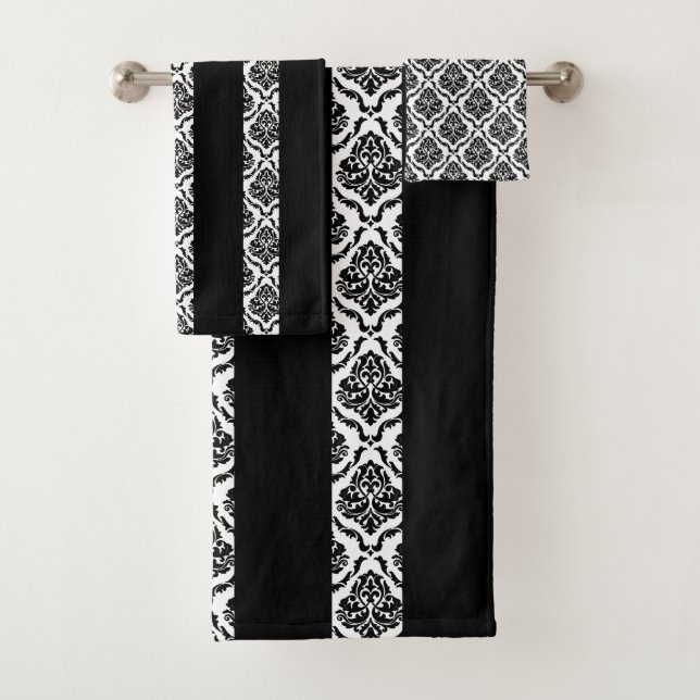 Black and white vertical stripes and damask bath towel set (Insitu)