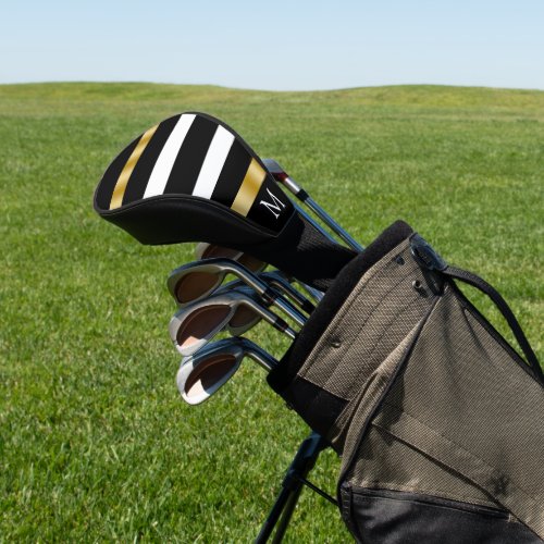 Black and white vertical stripes gold accents golf head cover