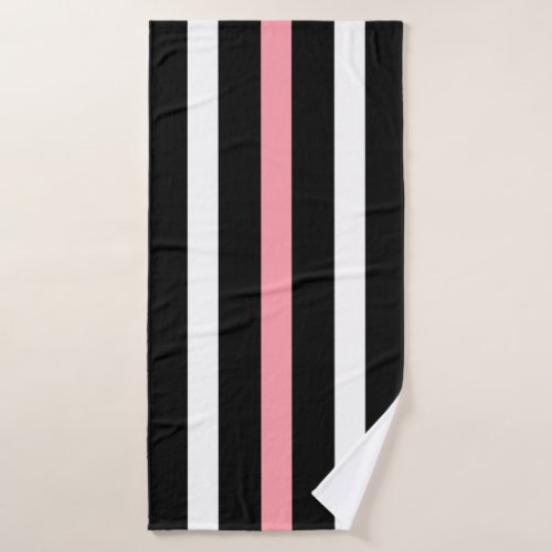 Black and white vertical stripes pink accents bath towel set