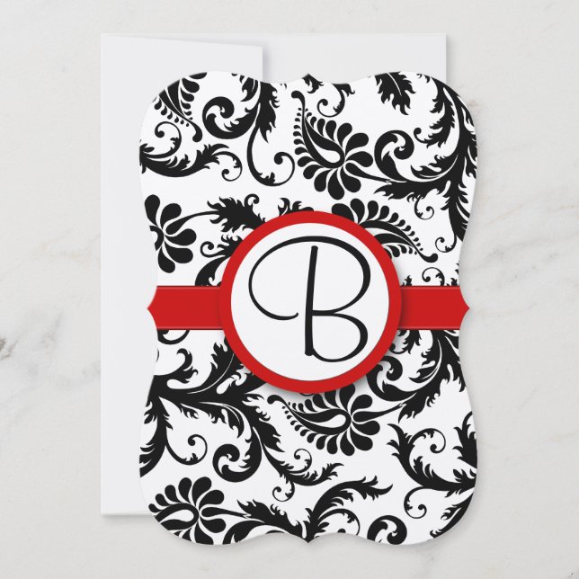 Black and White Victorian Damask Red Trim Wedding Invitation (Front)