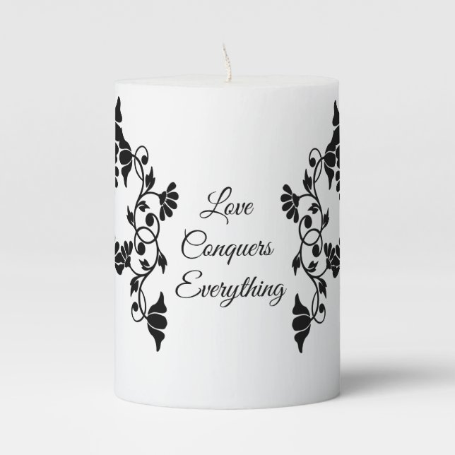 Black and White Victorian Embellishing Flowers Pillar Candle (Front)