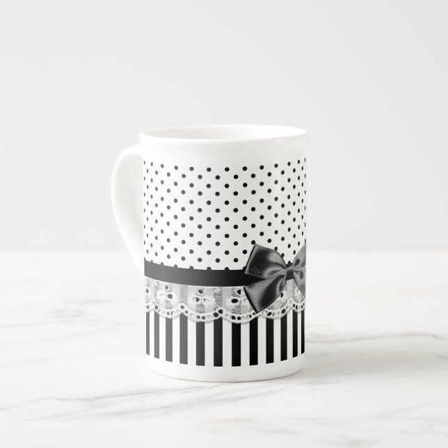 Black And White Victorian Stripes With Bow Bone China Mug (Front Left)