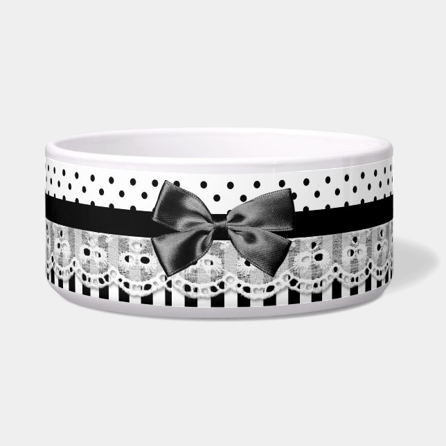 Black And White Victorian Stripes With Bow Bowl (Front)