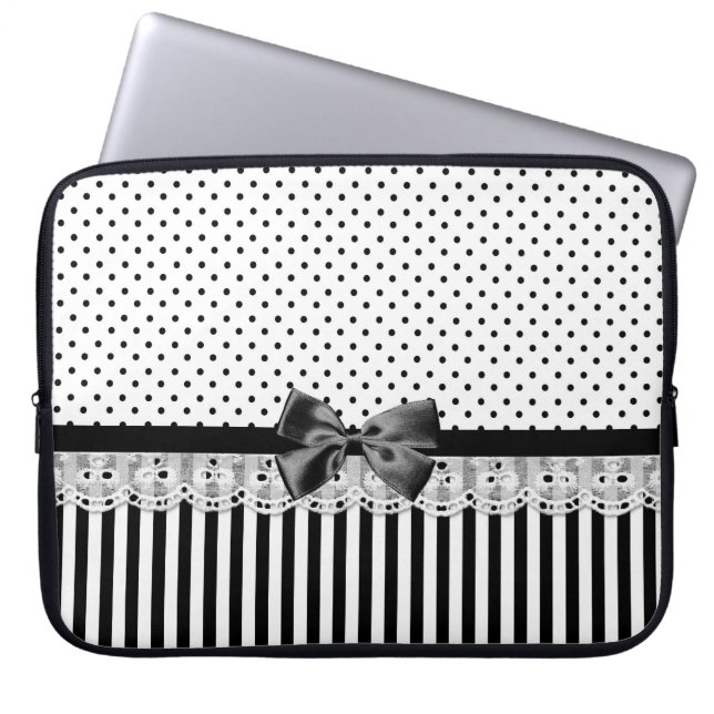 Black And White Victorian Stripes With Bow Laptop Sleeve (Front)