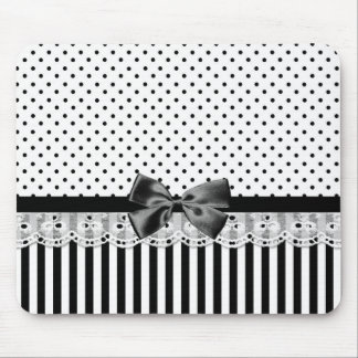 Black And White Victorian Stripes With Bow Mouse Pad