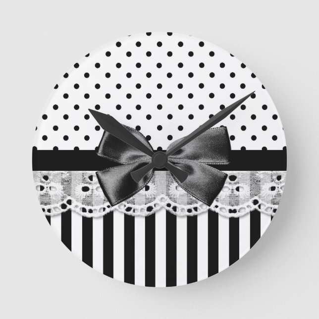 Black And White Victorian Stripes With Bow Round Clock (Front)