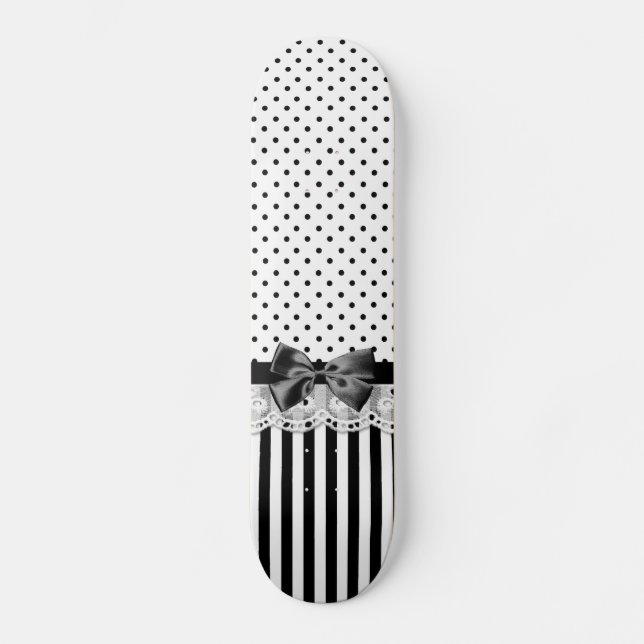 Black And White Victorian Stripes With Bow Skateboard Deck (Front)