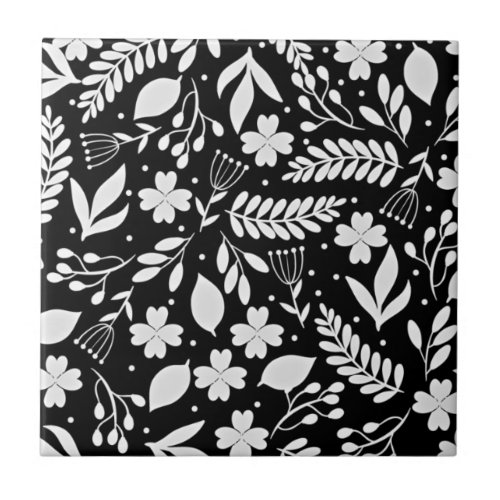 Black and White Vine Floral Pattern Ceramic Tile