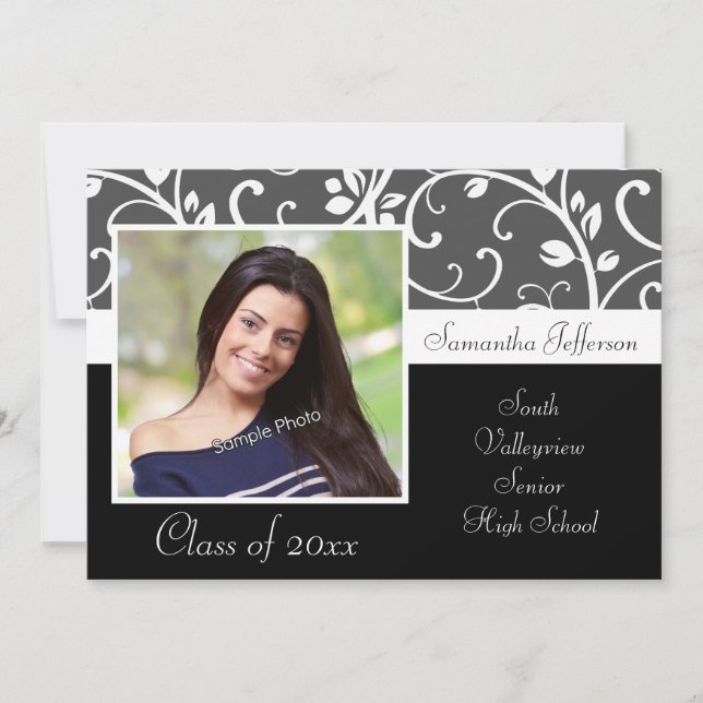 Black and White Vines Photo Graduation Invitation (Front)