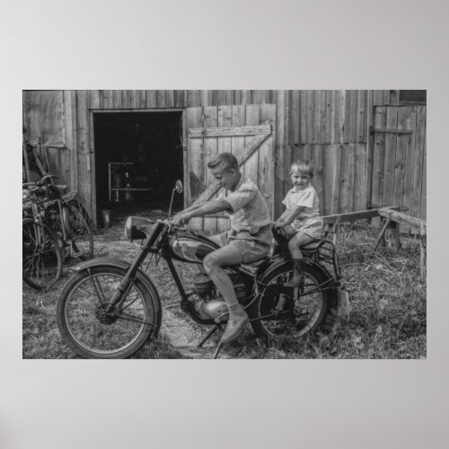 Black and White Vintage 2 Boys on a Motorcycle Poster