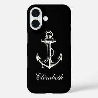 Black and White Vintage Anchor Monogram iPhone 16 Case