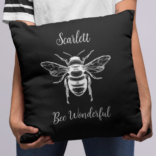 Black And White Vintage Bee Personalize Throw Pillow