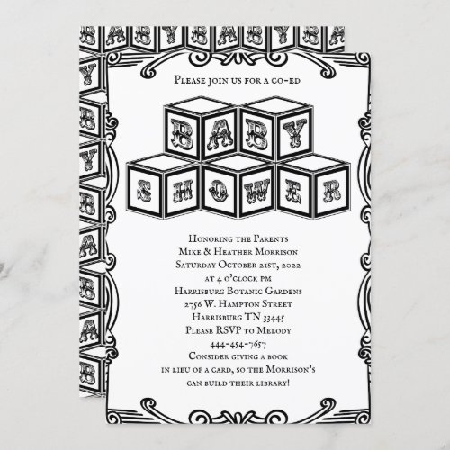 Black and White Vintage Blocks Baby Shower Invitation