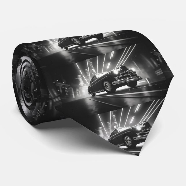 Black and white Vintage Car Pattern Neck Tie (Rolled)