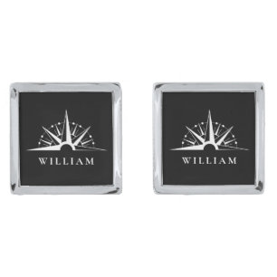Black and White Vintage Compass Personalized Name Cufflinks