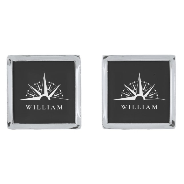 Black and White Vintage Compass Personalized Name Cufflinks (Front)