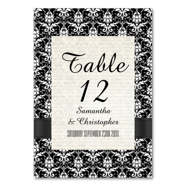 Black and white vintage damask pattern table number (Front)