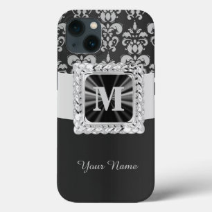 Black and white vintage damask personalized iPhone 13 case